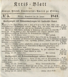 Kreis-Blatt des Königlich Preußischen Landraths-Amtes zu Elbing, Nr. 5 Sonnabend 30 Januar 1841