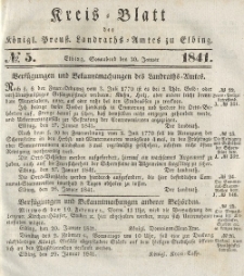 Kreis-Blatt des Königlich Preußischen Landraths-Amtes zu Elbing, Nr. 5 Sonnabend 30 Januar 1841