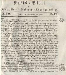 Kreis-Blatt des Königlich Preußischen Landraths-Amtes zu Elbing, Nr. 12 Sonnabend 20 März 1841