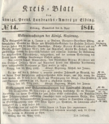 Kreis-Blatt des Königlich Preußischen Landraths-Amtes zu Elbing, Nr. 14 Sonnabend 3 April 1841