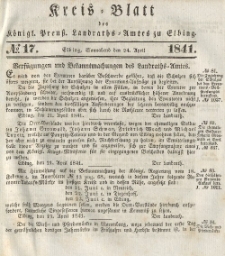 Kreis-Blatt des Königlich Preußischen Landraths-Amtes zu Elbing, Nr. 17 Sonnabend 24 April 1841