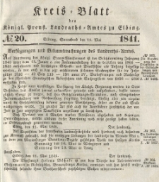 Kreis-Blatt des Königlich Preußischen Landraths-Amtes zu Elbing, Nr. 20 Sonnabend 15 Mai 1841