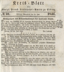 Kreis-Blatt des Königlich Preußischen Landraths-Amtes zu Elbing, Nr. 31 Sonnabend 31 Juli 1841