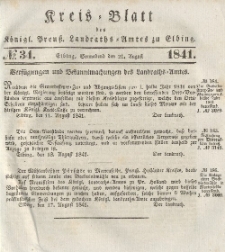Kreis-Blatt des Königlich Preußischen Landraths-Amtes zu Elbing, Nr. 34 Sonnabend 21 August 1841