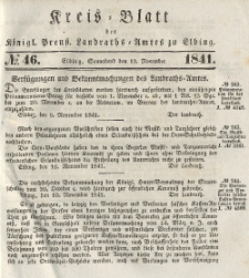 Kreis-Blatt des Königlich Preußischen Landraths-Amtes zu Elbing, Nr. 46 Sonnabend 13 November 1841