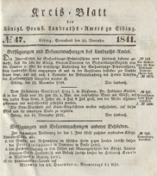 Kreis-Blatt des Königlich Preußischen Landraths-Amtes zu Elbing, Nr. 47 Sonnabend 20 November 1841