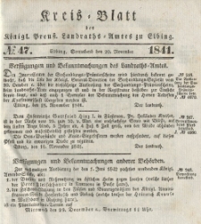 Kreis-Blatt des Königlich Preußischen Landraths-Amtes zu Elbing, Nr. 47 Sonnabend 20 November 1841
