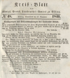 Kreis-Blatt des Königlich Preußischen Landraths-Amtes zu Elbing, Nr. 48 Sonnabend 27 November 1841