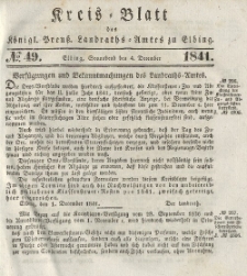 Kreis-Blatt des Königlich Preußischen Landraths-Amtes zu Elbing, Nr. 49 Sonnabend 4 Dezember 1841
