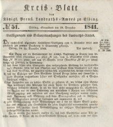 Kreis-Blatt des Königlich Preußischen Landraths-Amtes zu Elbing, Nr. 51 Sonnabend 18 Dezember 1841