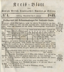 Kreis-Blatt des Königlich Preußischen Landraths-Amtes zu Elbing, Nr. 1 Sonnabend 8 Januar 1842