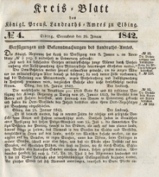 Kreis-Blatt des Königlich Preußischen Landraths-Amtes zu Elbing, Nr. 4 Sonnabend 29 Januar 1842