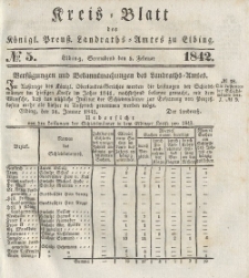 Kreis-Blatt des Königlich Preußischen Landraths-Amtes zu Elbing, Nr. 5 Sonnabend 5 Februar 1842