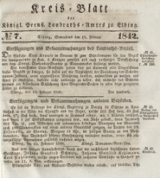 Kreis-Blatt des Königlich Preußischen Landraths-Amtes zu Elbing, Nr. 7 Sonnabend 19 Februar 1842