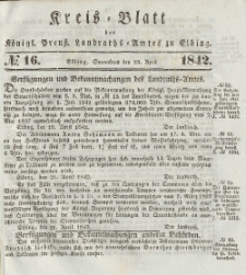 Kreis-Blatt des Königlich Preußischen Landraths-Amtes zu Elbing, Nr. 16 Sonnabend 23 April 1842