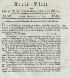 Kreis-Blatt des Königlich Preußischen Landraths-Amtes zu Elbing, Nr. 17 Sonnabend 30 April 1842