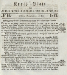 Kreis-Blatt des Königlich Preußischen Landraths-Amtes zu Elbing, Nr. 19 Sonnabend 14 Mai 1842