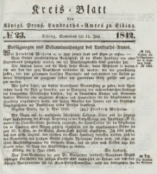 Kreis-Blatt des Königlich Preußischen Landraths-Amtes zu Elbing, Nr. 23 Sonnabend 11 Juni 1842
