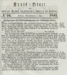 Kreis-Blatt des Königlich Preußischen Landraths-Amtes zu Elbing, Nr. 26 Sonnabend 2 Juli 1842