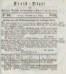 Kreis-Blatt des Königlich Preußischen Landraths-Amtes zu Elbing, Nr. 31 Sonnabend 6 August 1842