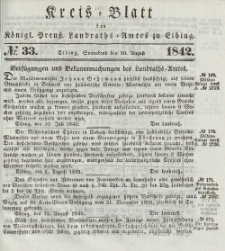 Kreis-Blatt des Königlich Preußischen Landraths-Amtes zu Elbing, Nr. 33 Sonnabend 20 August 1842