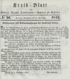 Kreis-Blatt des Königlich Preußischen Landraths-Amtes zu Elbing, Nr. 36 Sonnabend 10 September 1842