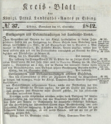 Kreis-Blatt des Königlich Preußischen Landraths-Amtes zu Elbing, Nr. 37 Sonnabend 17 September 1842
