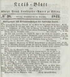 Kreis-Blatt des Königlich Preußischen Landraths-Amtes zu Elbing, Nr. 38 Sonnabend 24 September 1842