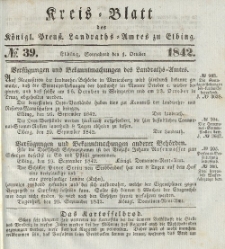 Kreis-Blatt des Königlich Preußischen Landraths-Amtes zu Elbing, Nr. 39 Sonnabend 1 Oktober 1842