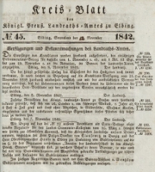 Kreis-Blatt des Königlich Preußischen Landraths-Amtes zu Elbing, Nr. 45 Sonnabend 12 November 1842