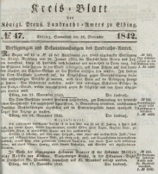 Kreis-Blatt des Königlich Preußischen Landraths-Amtes zu Elbing, Nr. 47 Sonnabend 26 November 1842