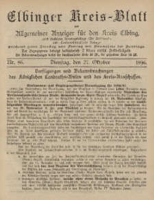 Kreis-Blatt des Königlich Preußischen Landraths-Amtes zu Elbing, Nr. 86 Dienstag 27 Oktober 1896