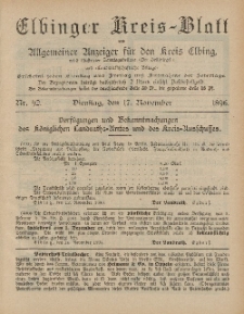 Kreis-Blatt des Königlich Preußischen Landraths-Amtes zu Elbing, Nr. 92 Dienstag 17 November 1896