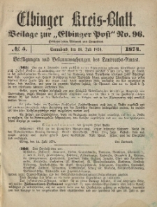 Kreis-Blatt des Königlich Preußischen Landraths-Amtes zu Elbing, Nr. 5 Sonnabend 18 Juli 1874