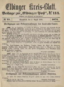 Kreis-Blatt des Königlich Preußischen Landraths-Amtes zu Elbing, Nr. 11 Sonnabend 8 August 1874