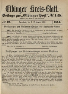 Kreis-Blatt des Königlich Preußischen Landraths-Amtes zu Elbing, Nr. 19 Sonnabend 5 September 1874