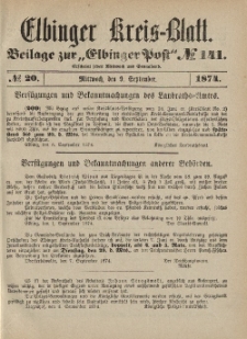 Kreis-Blatt des Königlich Preußischen Landraths-Amtes zu Elbing, Nr. 20 Mittwoch 9 September 1874