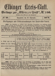 Kreis-Blatt des Königlich Preußischen Landraths-Amtes zu Elbing, Nr. 23 Sonnabend 19 September 1874