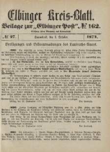 Kreis-Blatt des Königlich Preußischen Landraths-Amtes zu Elbing, Nr. 27 Sonnabend 3 Oktober 1874