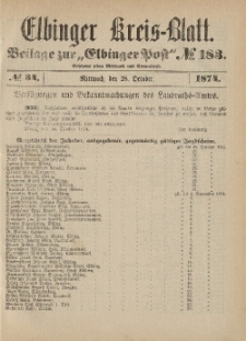 Kreis-Blatt des Königlich Preußischen Landraths-Amtes zu Elbing, Nr. 34 Mittwoch 28 Oktober 1874