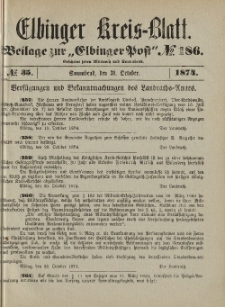 Kreis-Blatt des Königlich Preußischen Landraths-Amtes zu Elbing, Nr. 35 Sonnabend 31 Oktober 1874