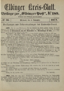 Kreis-Blatt des Königlich Preußischen Landraths-Amtes zu Elbing, Nr. 36 Mittwoch 4 November 1874