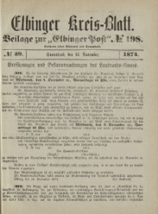 Kreis-Blatt des Königlich Preußischen Landraths-Amtes zu Elbing, Nr. 39 Sonnabend 14 November 1874