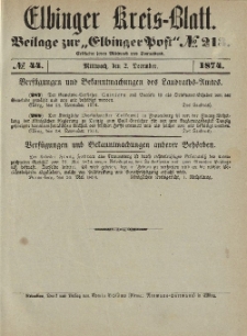 Kreis-Blatt des Königlich Preußischen Landraths-Amtes zu Elbing, Nr. 44 Mittwoch 2 Dezember 1874