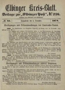 Kreis-Blatt des Königlich Preußischen Landraths-Amtes zu Elbing, Nr. 45 Sonnabend 5 Dezember 1874