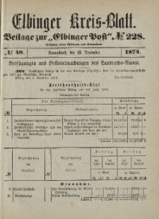 Kreis-Blatt des Königlich Preußischen Landraths-Amtes zu Elbing, Nr. 49 Sonnabend 19 Dezember 1874