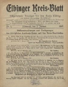 Kreis-Blatt des Königlich Preußischen Landraths-Amtes zu Elbing, Nr. 1 Mittwoch 2 Januar 1907