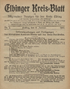 Kreis-Blatt des Königlich Preußischen Landraths-Amtes zu Elbing, Nr. 4 Freitag 11 Januar 1907