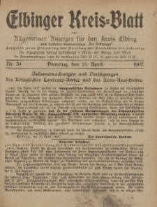 Kreis-Blatt des Königlich Preußischen Landraths-Amtes zu Elbing, Nr. 34 Dienstag 23 April 1907