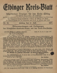 Kreis-Blatt des Königlich Preußischen Landraths-Amtes zu Elbing, Nr. 58 Freitag 12 Juli 1907